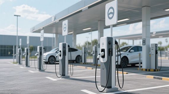 Nykyaikainen sähköautojen latausasema katetulla parkikapaikalla.